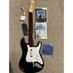 Nintendo Wii Rock Band Guitar w Dongle Strap 3 Games RockBand 1 2 Track Tested